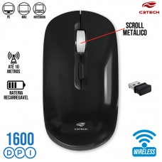 Mouse sem Fio Recarregável 1600Dpi M-W80BK C3 Tech - Preto